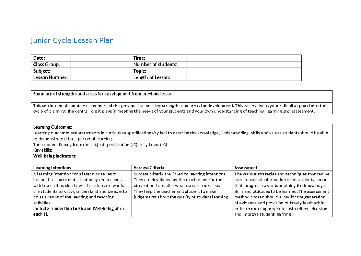 JC Lesson Plan Template with Prompts for Reflection and Assessment ...