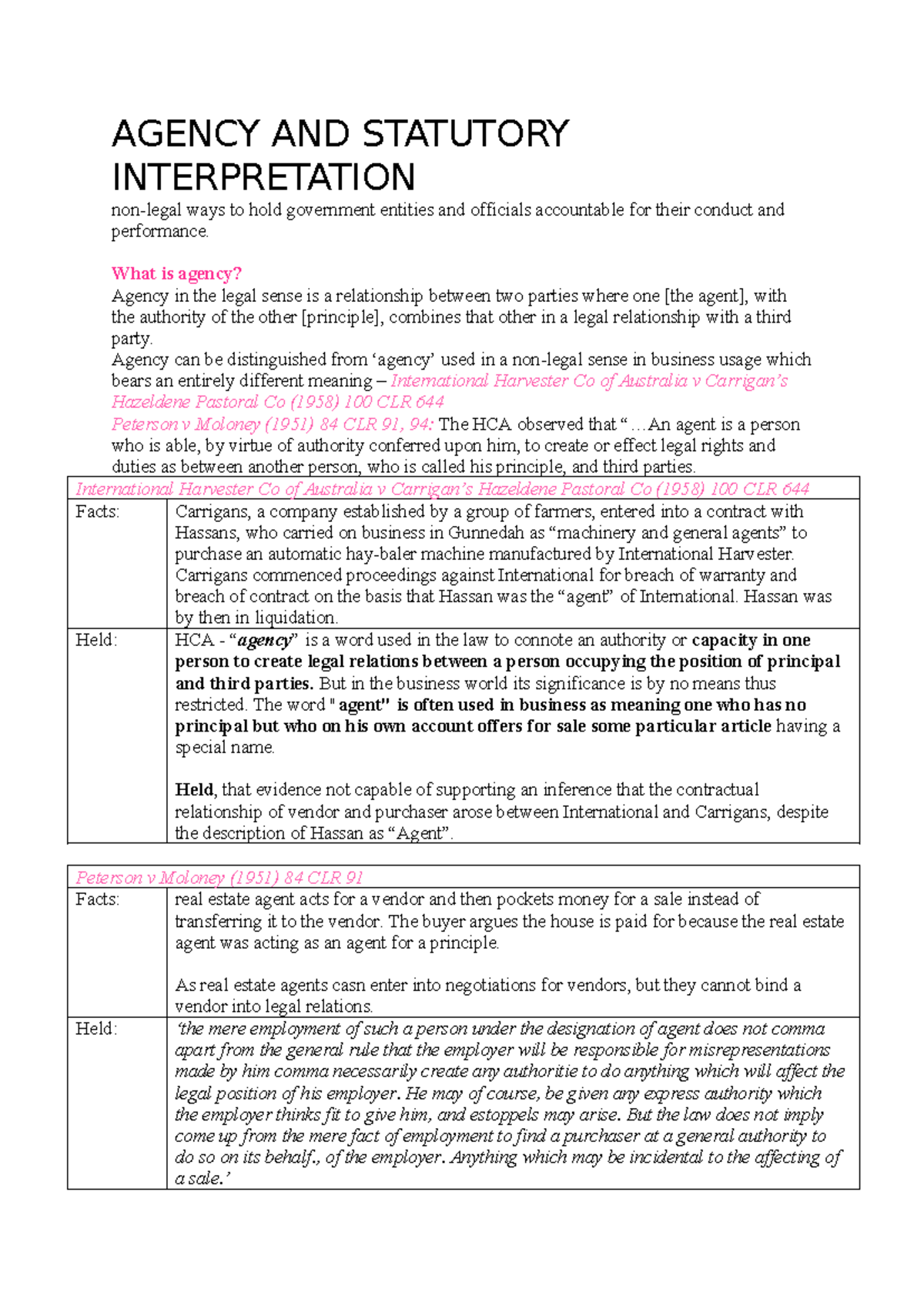T5 Agency & Statutory Interpretation Notes: Key Concepts & Cases - Studocu