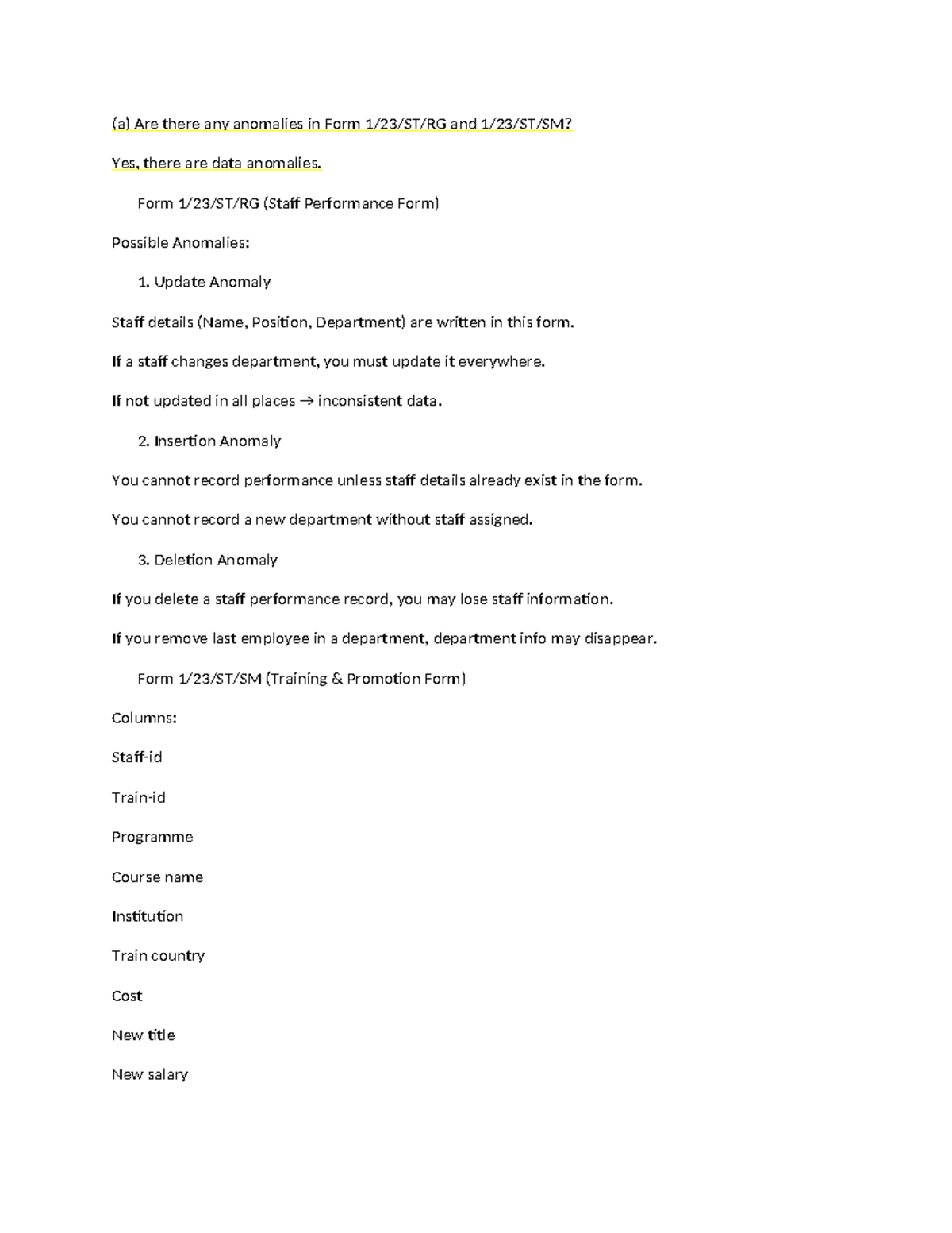 Anomalies in Staff Performance & Training Forms (CS101) - Studocu