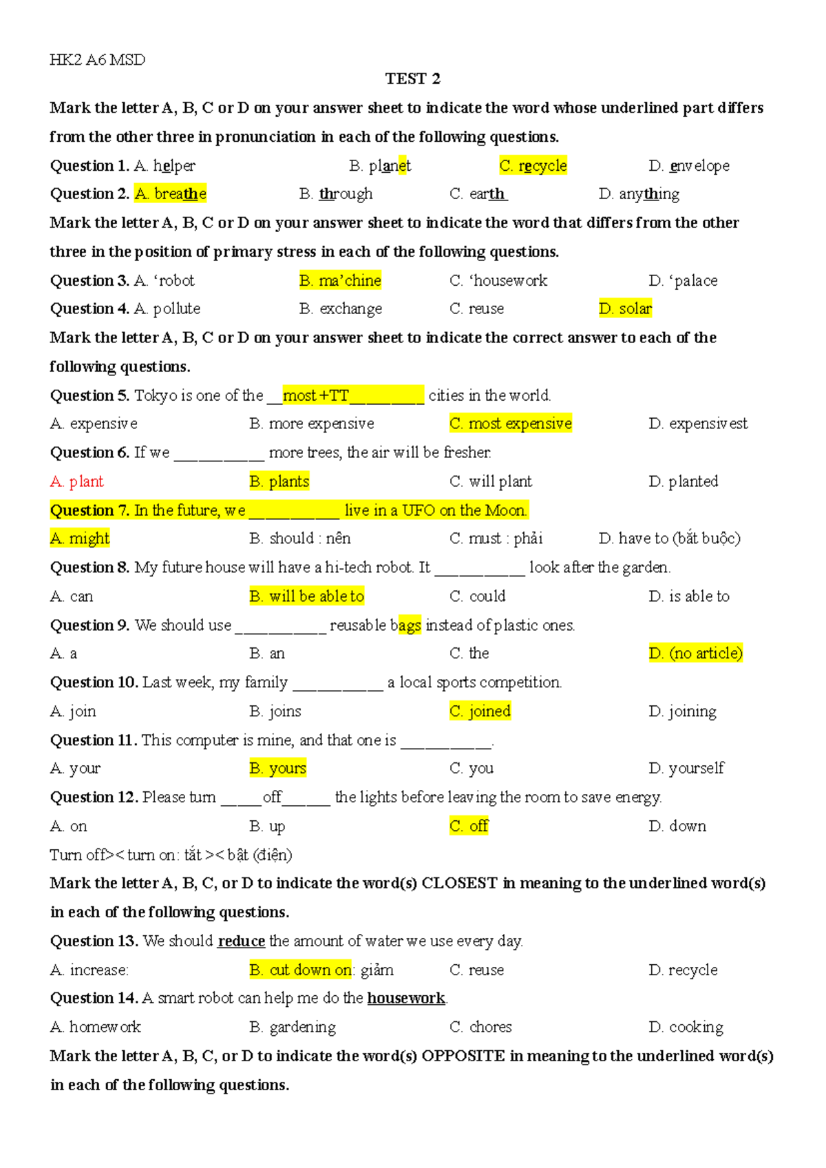 HK2 A6 MSD English Test 2: Pronunciation, Stress, and Vocabulary - Studocu