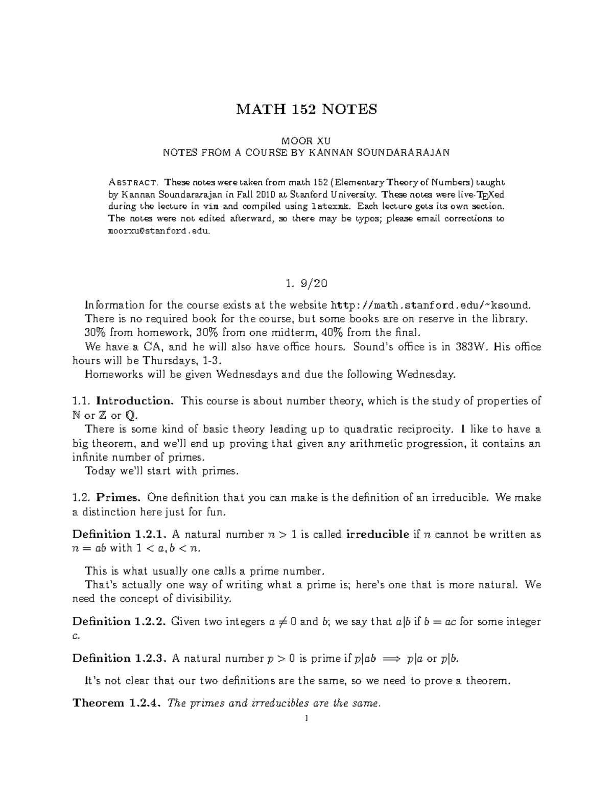 MATH 152 Lecture Notes on Elementary Number Theory by Kannan ...