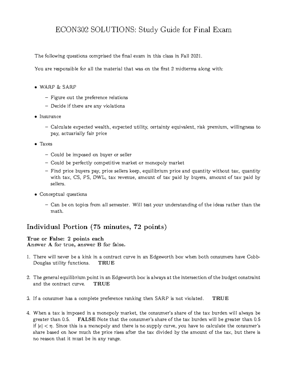 Solutions Rationale Prep-Final Exam 302 - ECON302 SOLUTIONS: Study ...