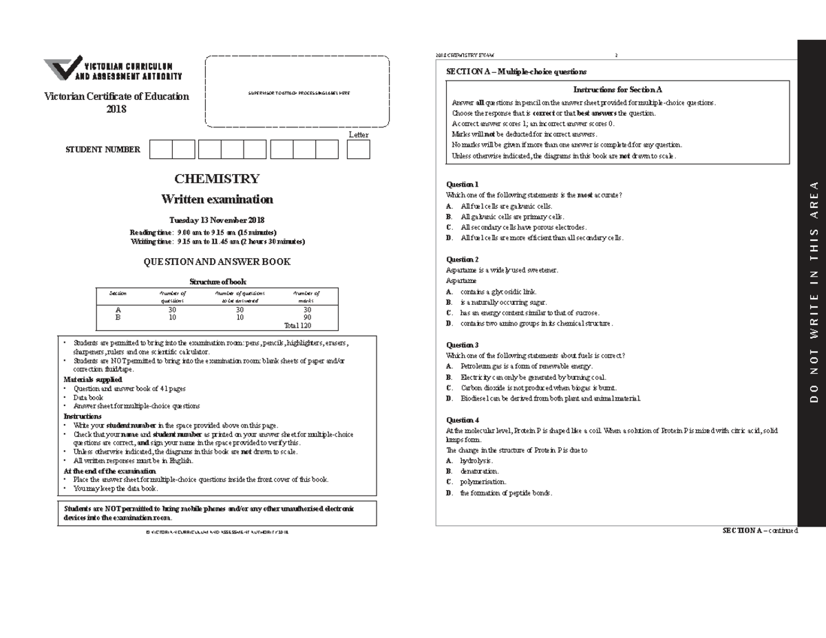 2018 CHEMISTRY EXAM 2 SECTION A Questions and Instructions - Studocu