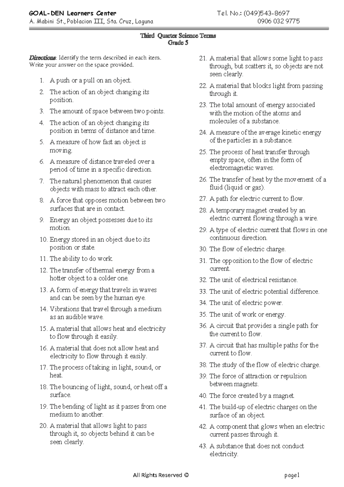 Third Quarter Science Terms for Grade 5: Key Concepts and Definitions ...