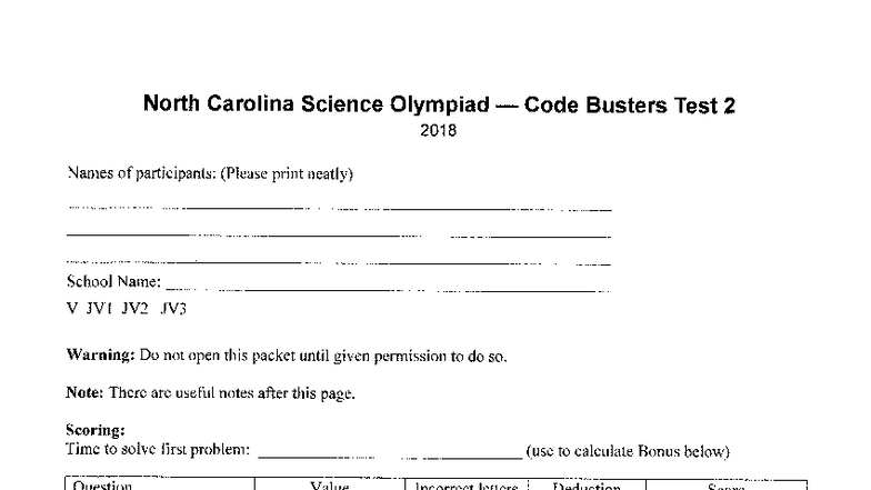North Carolina Science Olympiad Code Busters Test 2 2018 - Studocu