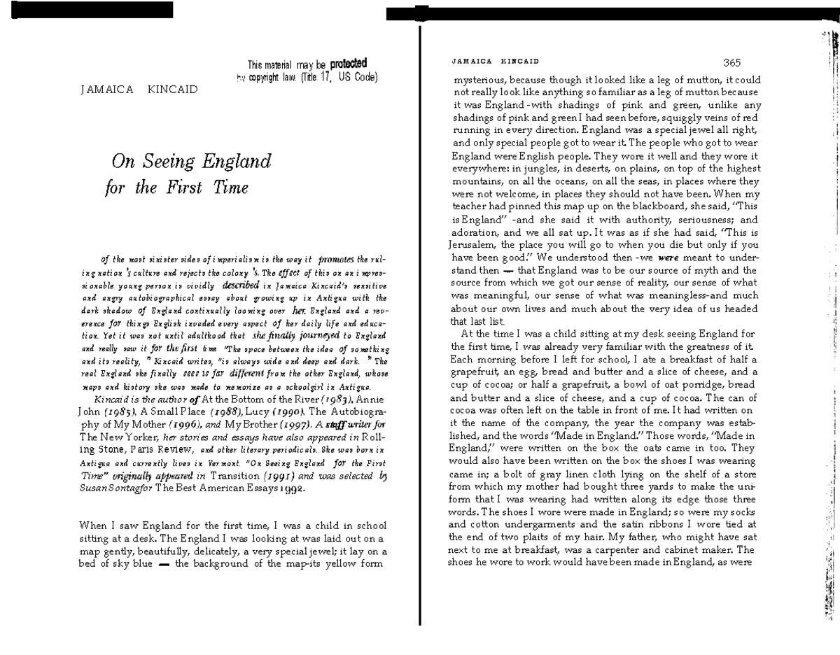 ENG 101: Essay Notes on Jamaica Kincaid's "On Seeing England for the
