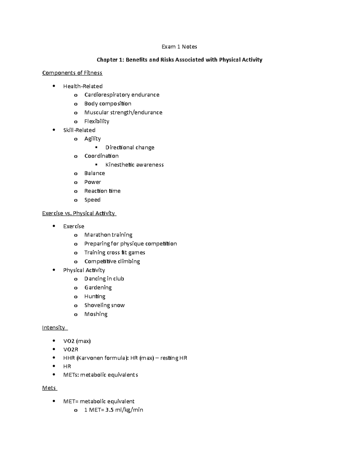 Exam 1 Study Notes for KIN 101: Physical Activity & Fitness - Studocu