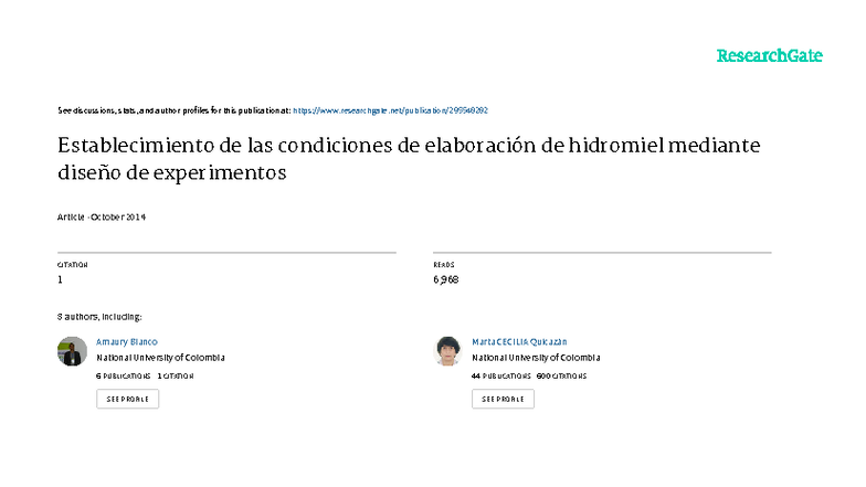 Establecimiento de Condiciones para Elaboración de Hidromiel: Diseño Experimentos - Document Preview