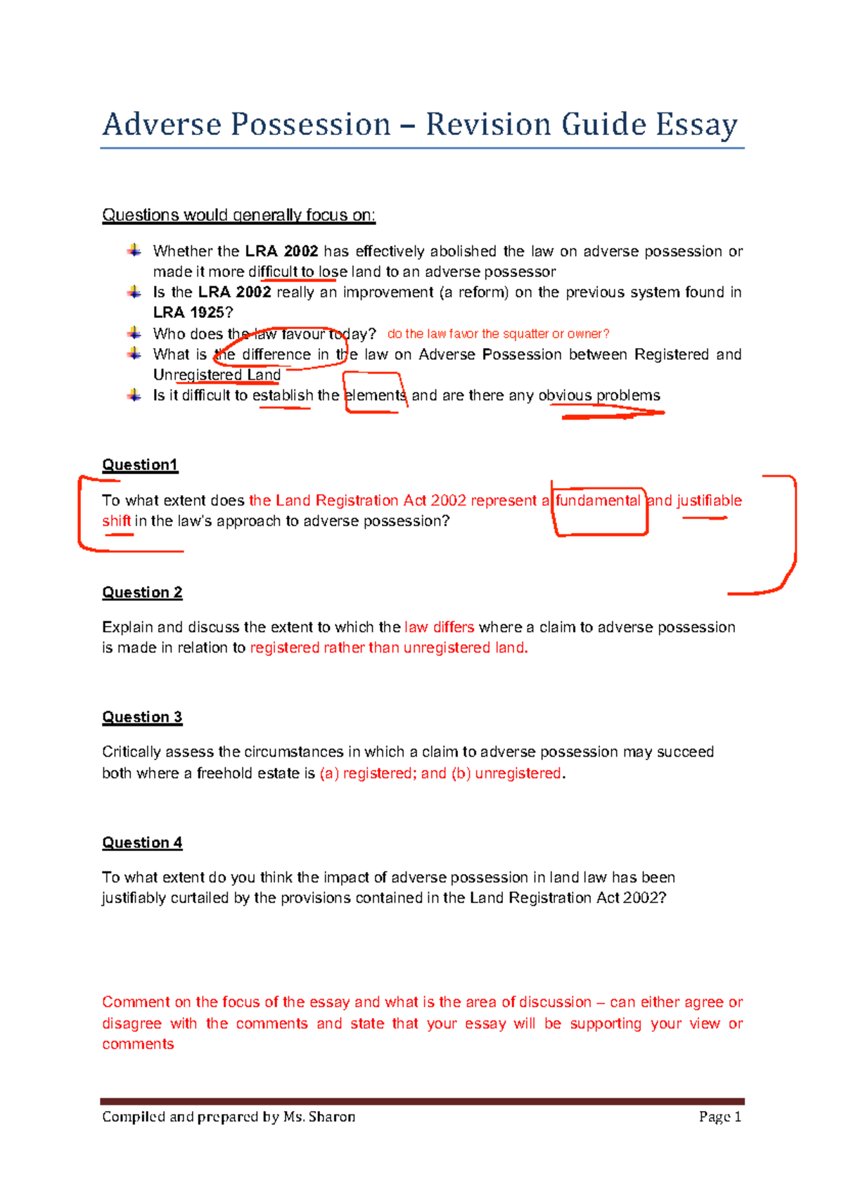 Property Land Law UOL&UKT - Revision Adverse Possession Essay - Adverse ...