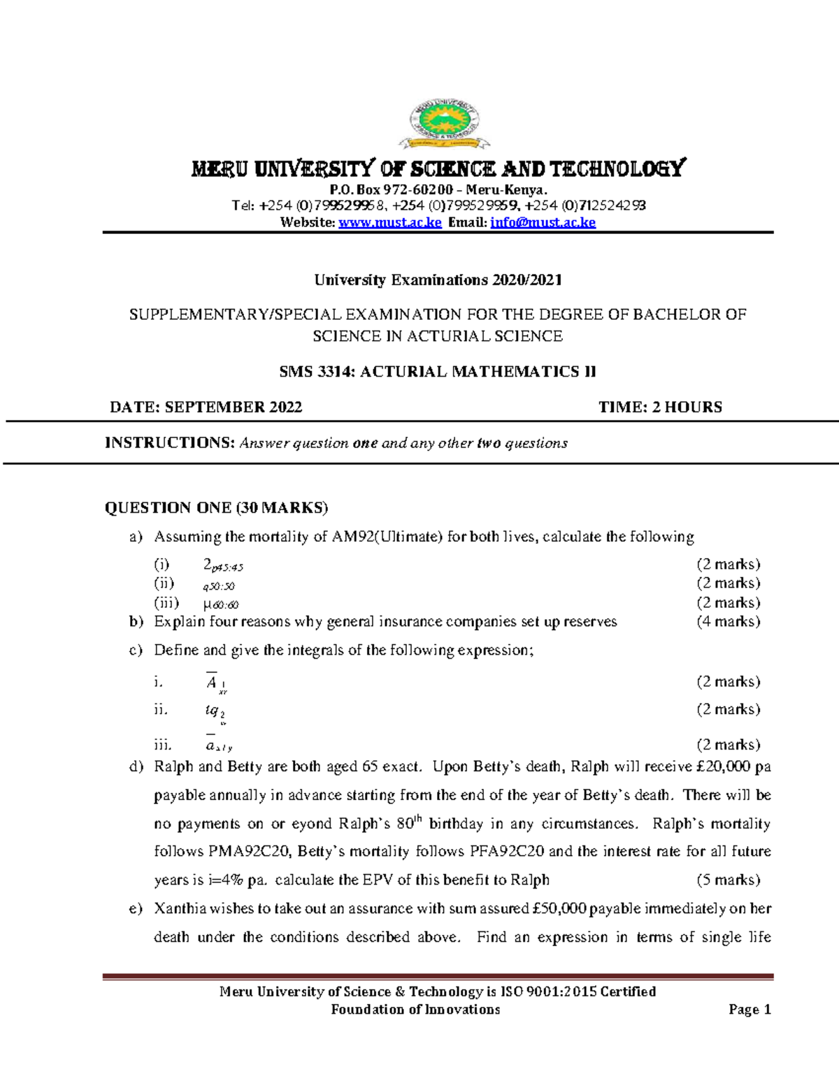 SMS 3314: Actuarial Mathematics II Exam Questions - Sept 2022 - Studocu