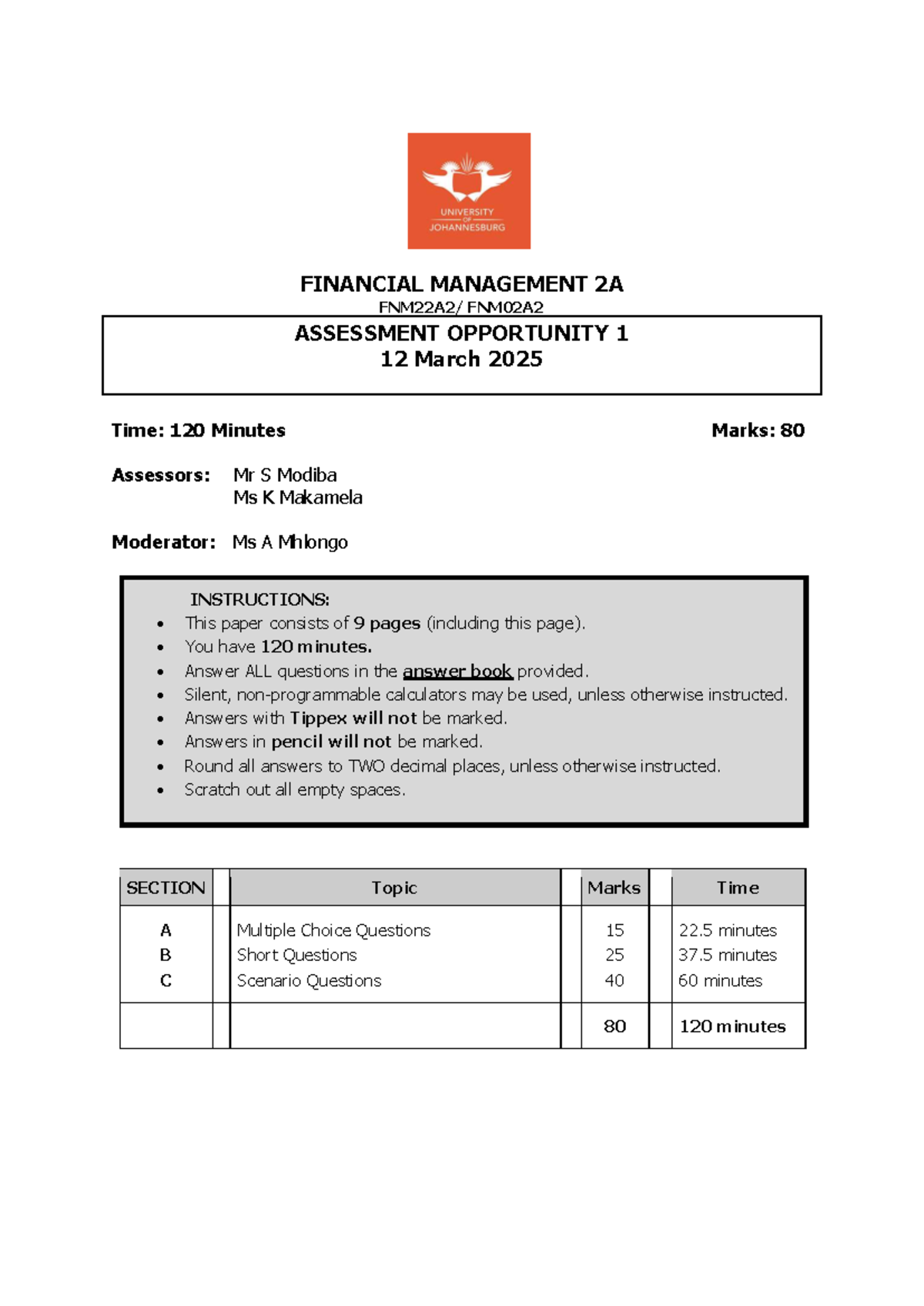 Financial Management 2A (FNM02A2) Assessment Opportunity 1 - March 2025 ...