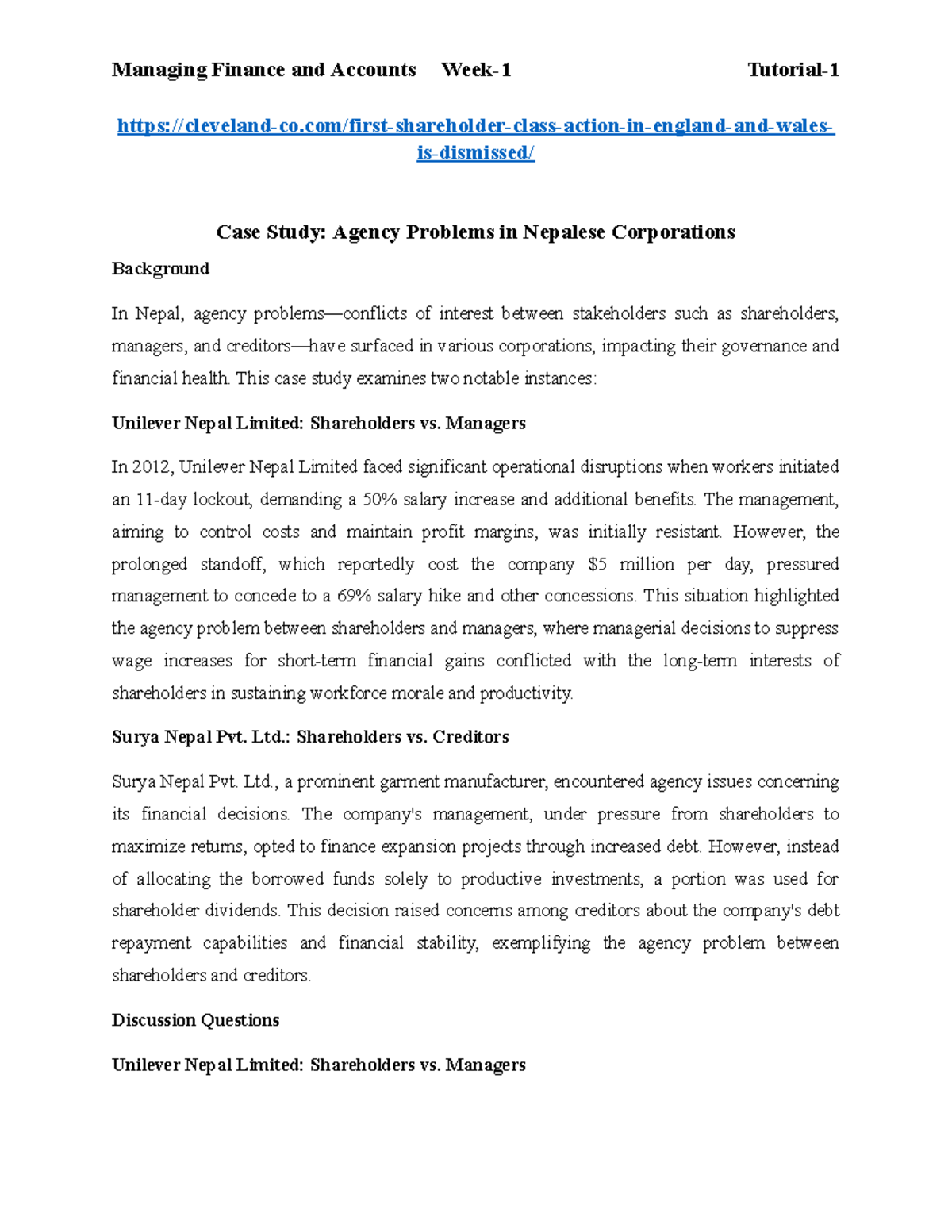 Managing Finance and Accounts Case Study: Agency Problems in Nepal ...