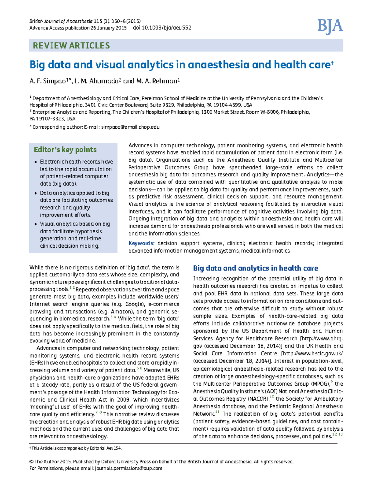 Big Data and Visual Analytics in Anaesthesia and Health Care: Insights ...