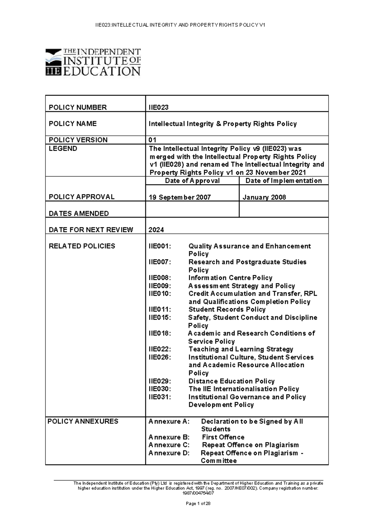 IIE023 Intellectual Integrity & Property Rights Policy v1 2022 Document ...