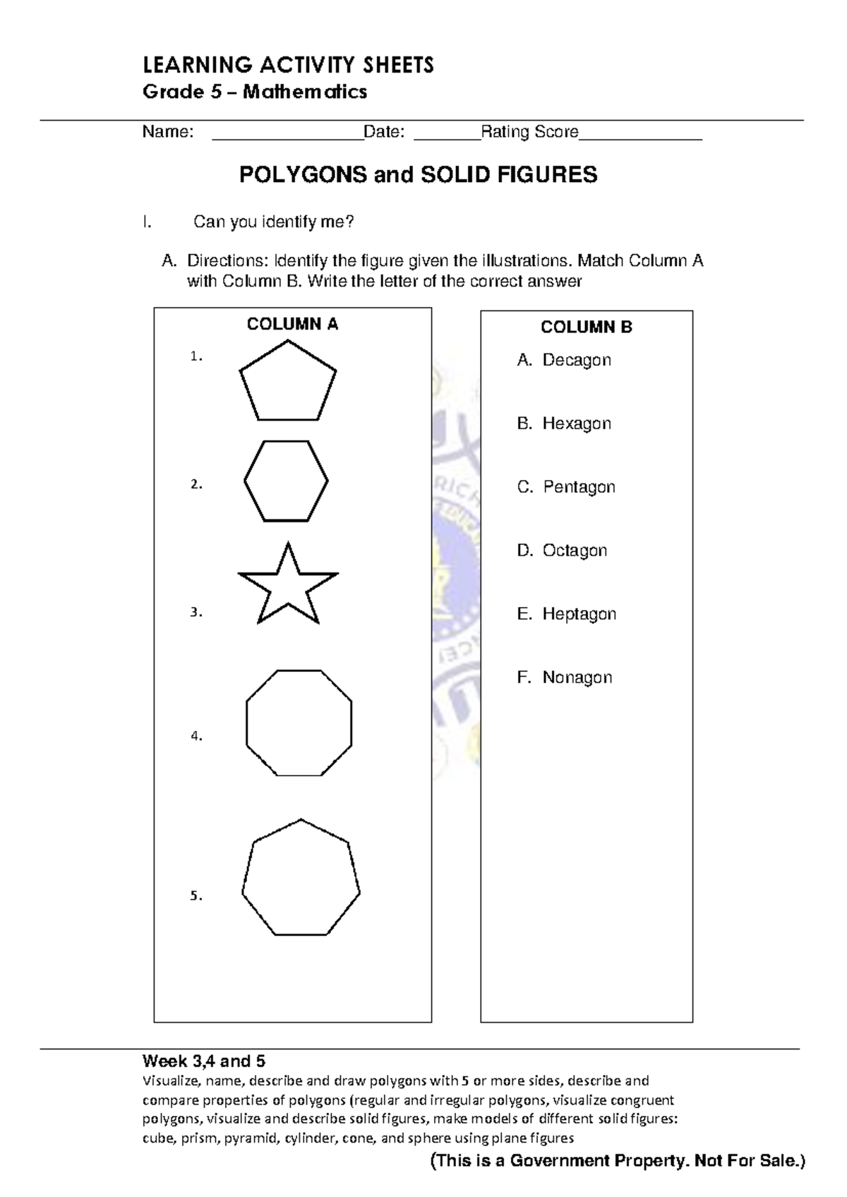 Grade 5 Math Learning Activity Sheets: Polygons & Solid Figures - Studocu