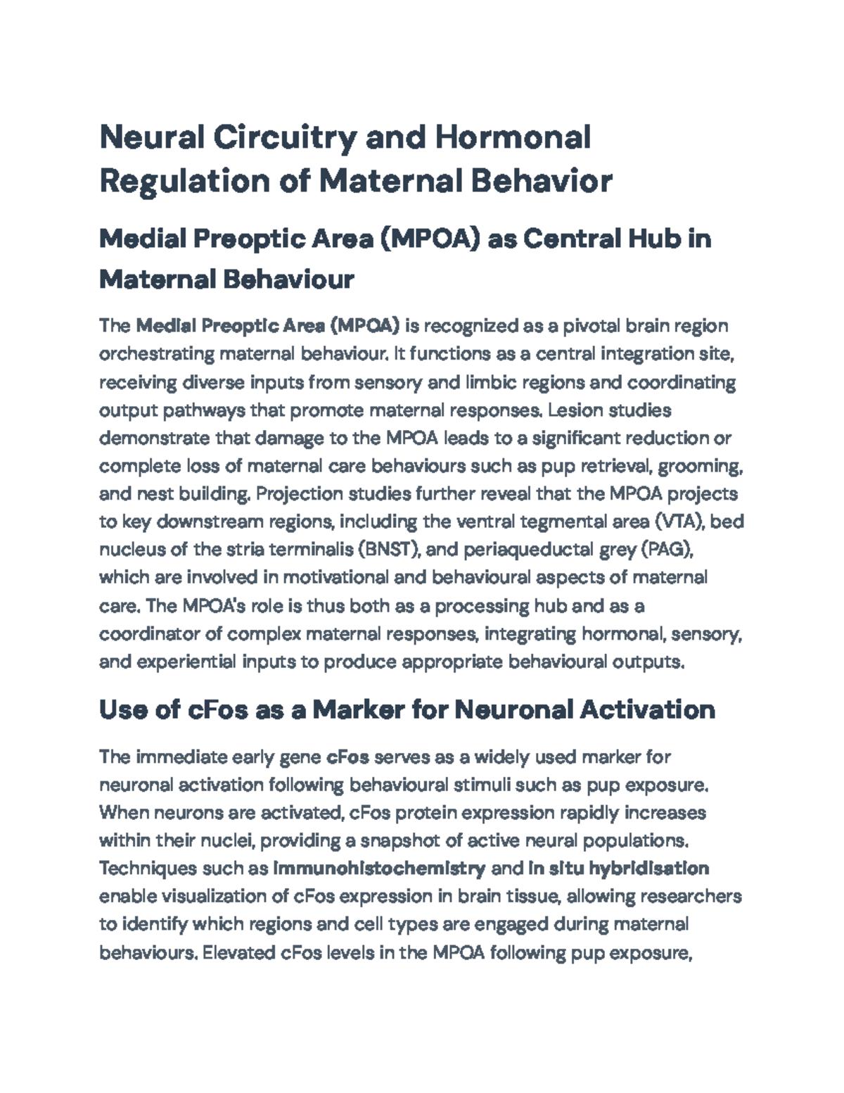 Neural Mechanisms and Hormonal Regulation of Maternal Behavior in MPOA ...
