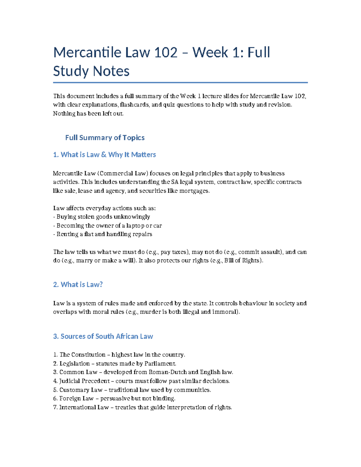 Mercantile Law 102 Week 1: Comprehensive Study Notes - Studocu