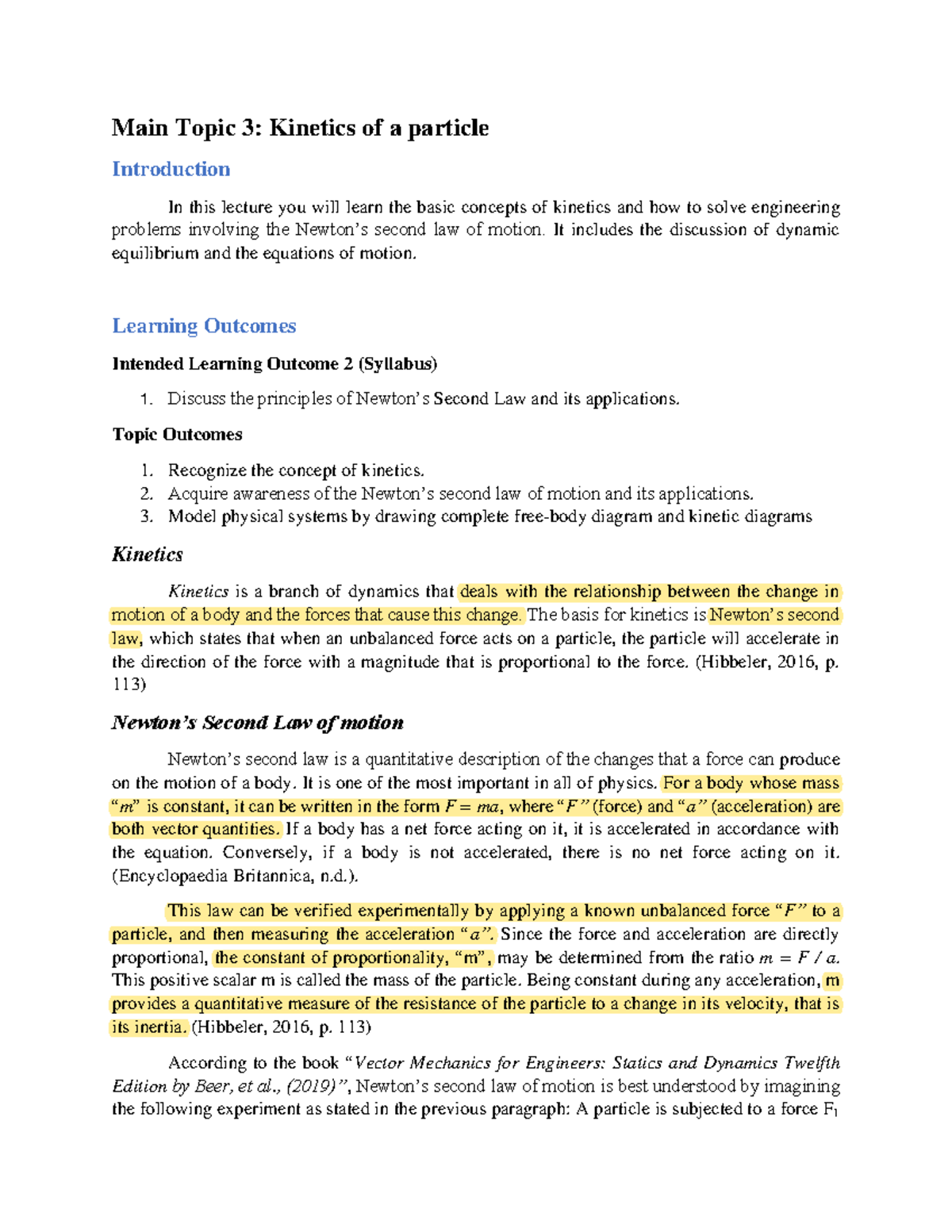 Dynamics- Module 3: Kinetics and Newton's Second Law of Motion - Studocu