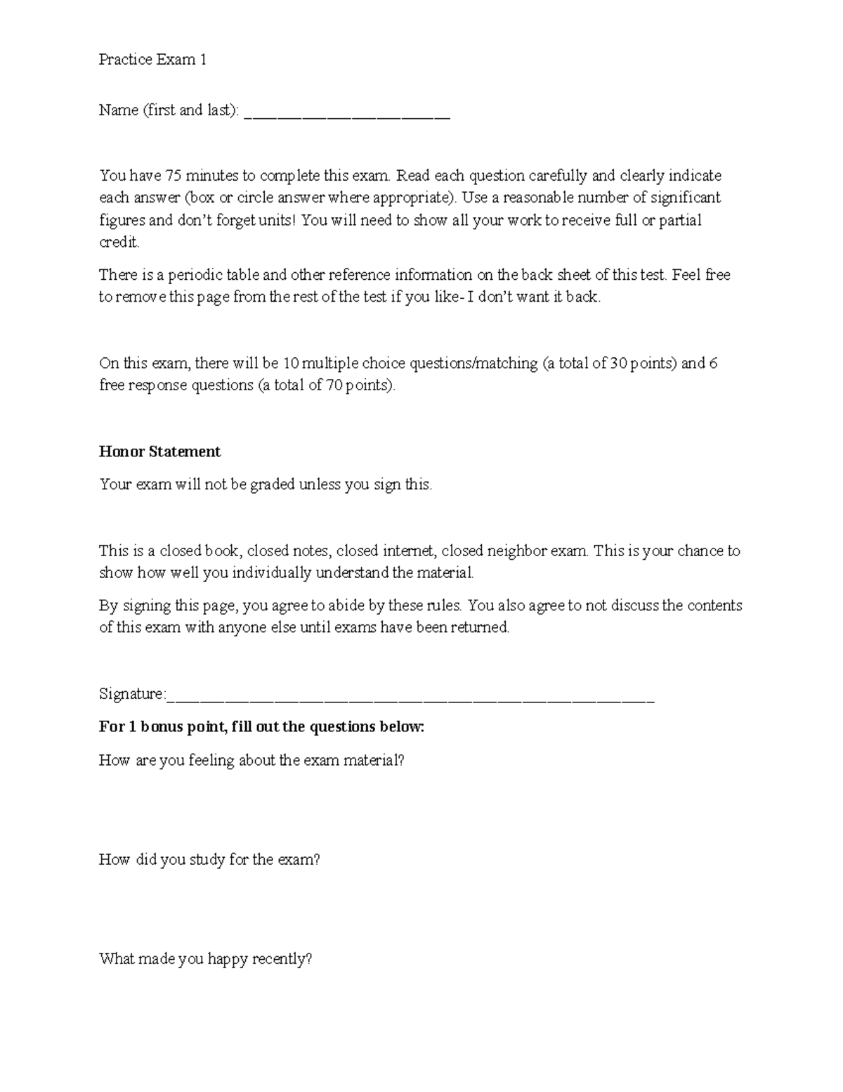 Practice Exam 1 - Chemistry (CHM101) with Multiple Choice & Free ...
