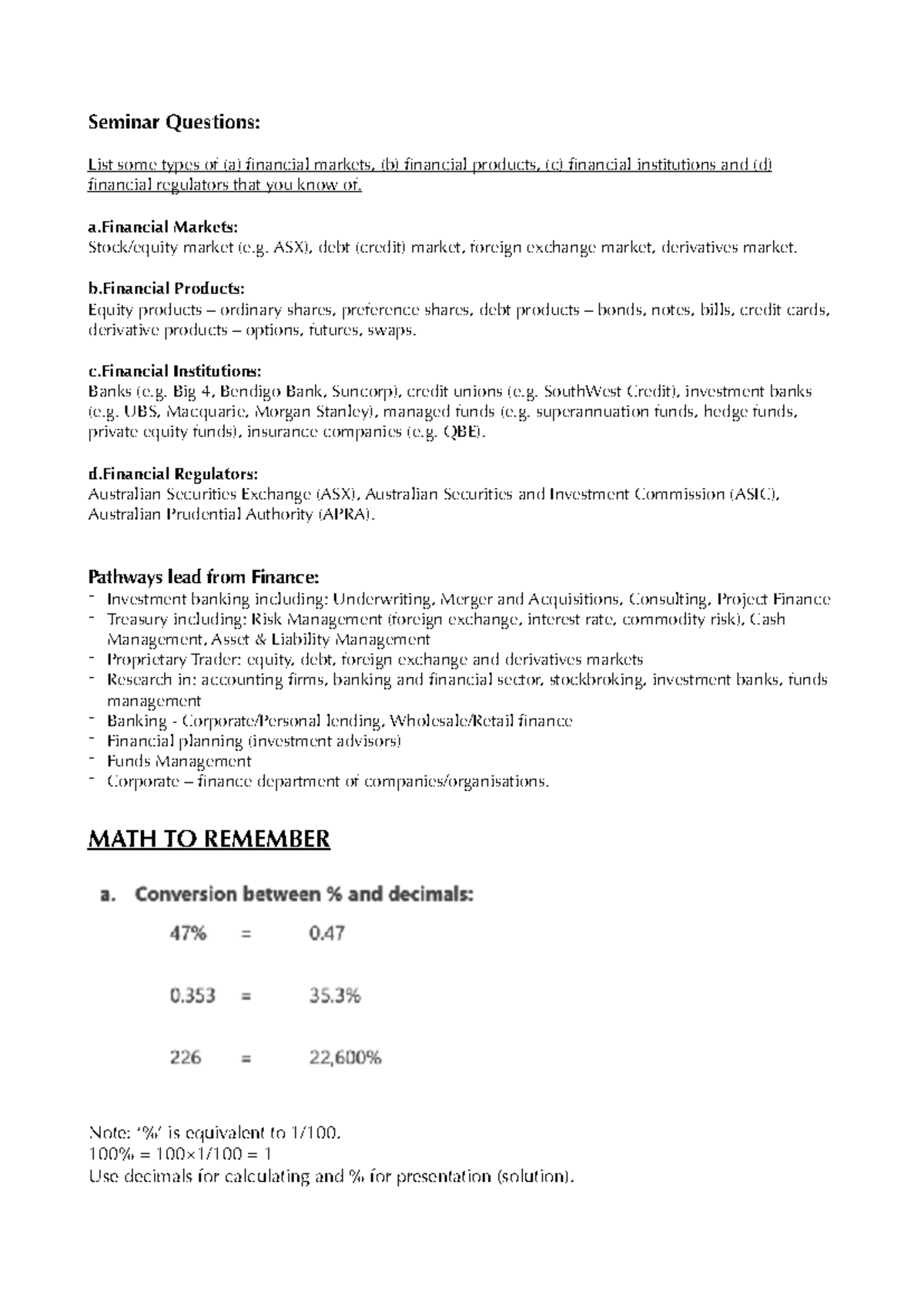 FIN101 - Week 1: Introductory Finance Notes & Key Concepts - Studocu