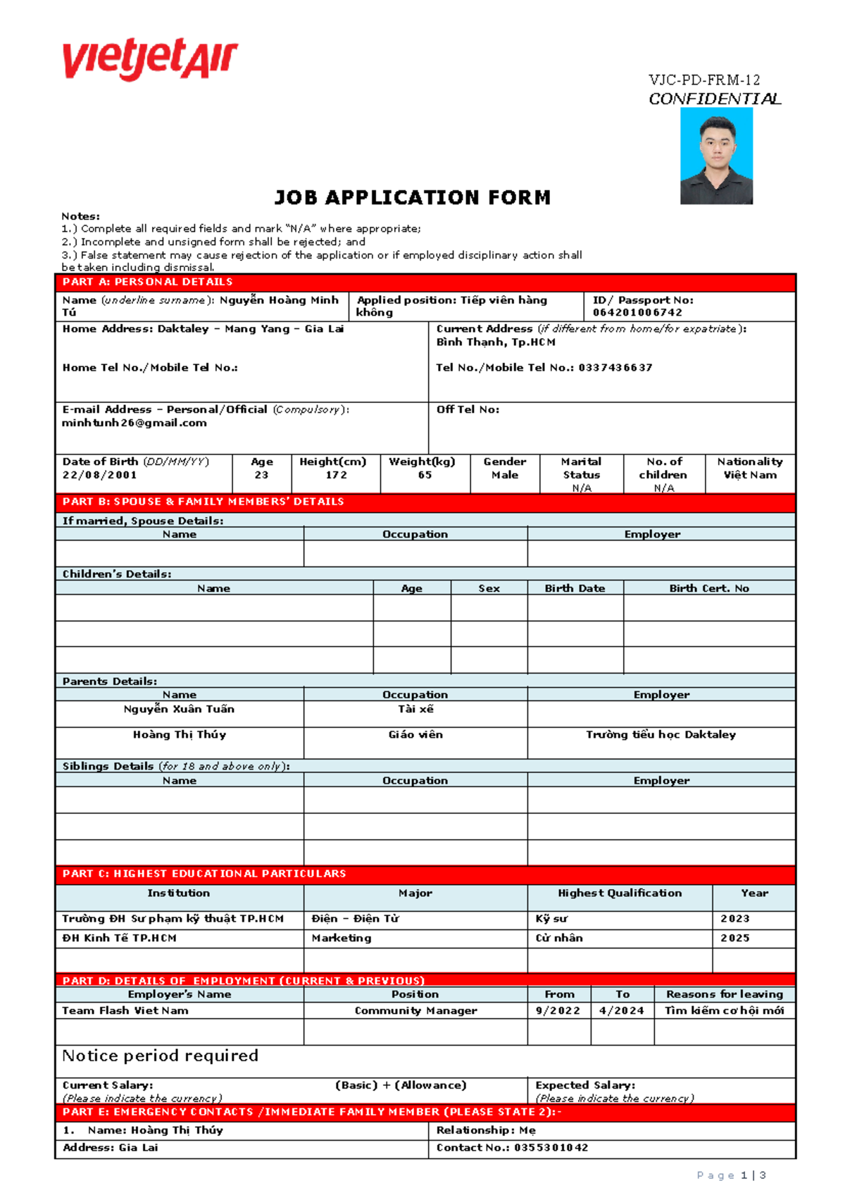 VJC-PD-FRM-12 Confidential Job Application Form Template - Studocu