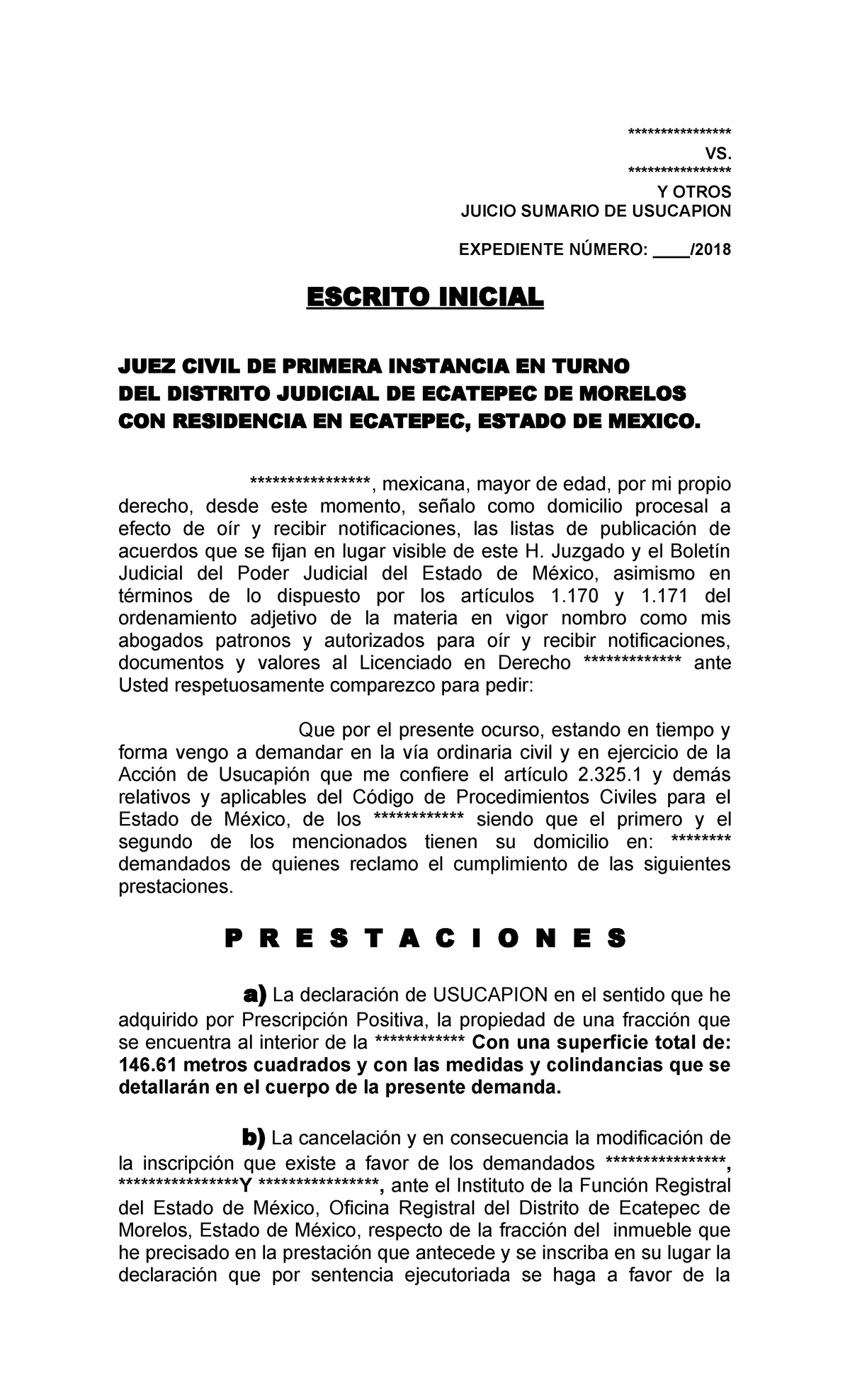 JUICIO SUMARIO DE USUCAPIÓN EN EL ESTADO DE MÉXICO: DEMANDA - Document Preview