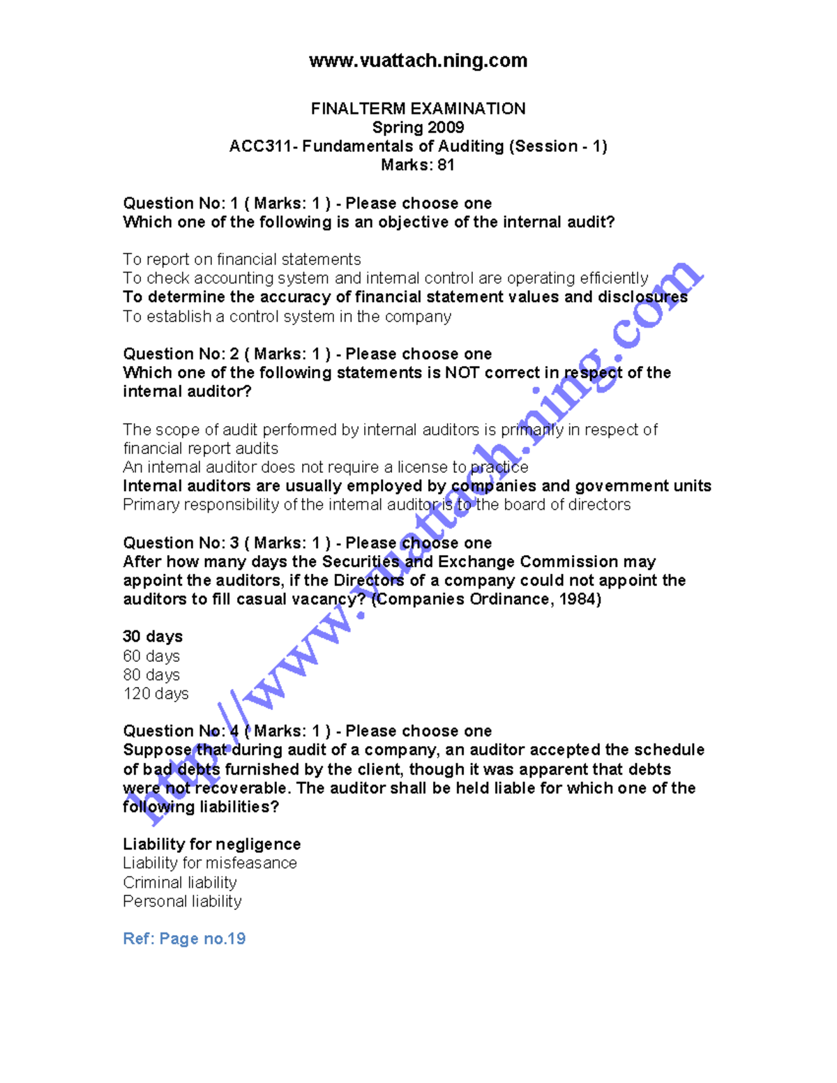 ACC311 Final Exam Solved Papers - Spring 2009 Auditing Fundamentals ...
