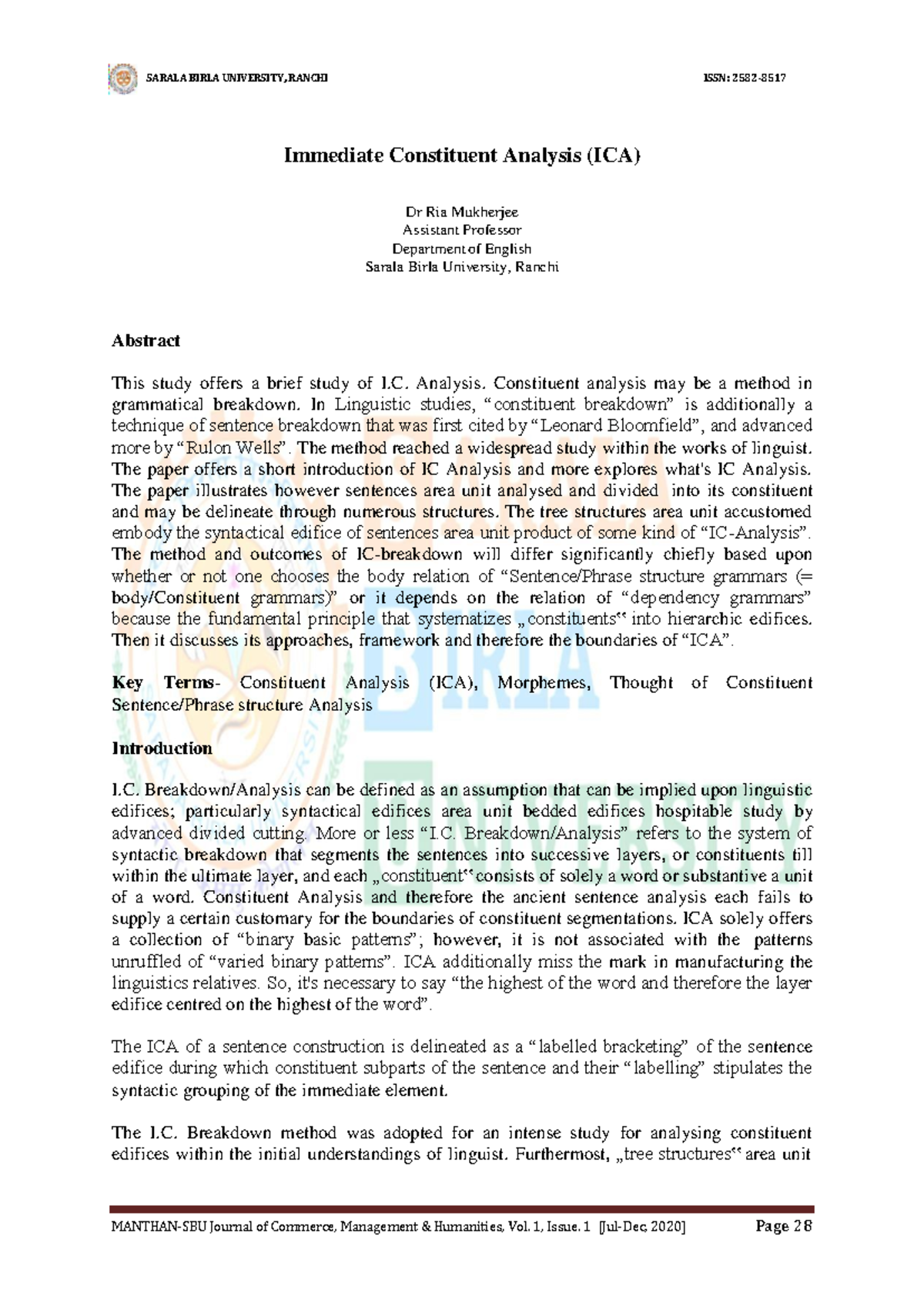 Immediate Constituent Analysis (ICA) - Study by Dr. Ria Mukherjee - Studocu