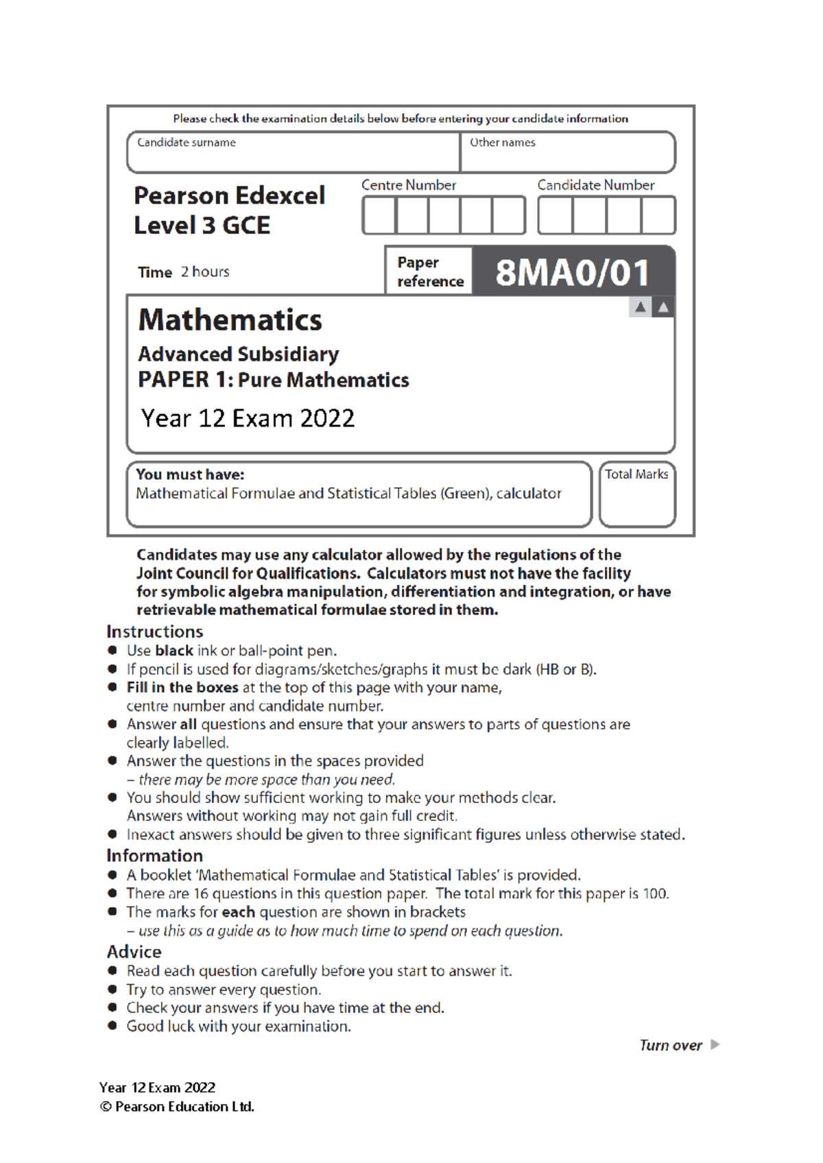 Year 12 Exam 2022 - Pure Mathematics Paper (PFV) - Studocu