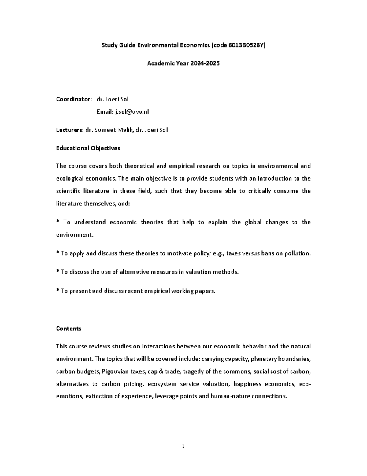 Course Overview: Study Guide for Environmental Economics 6013B0528Y ...