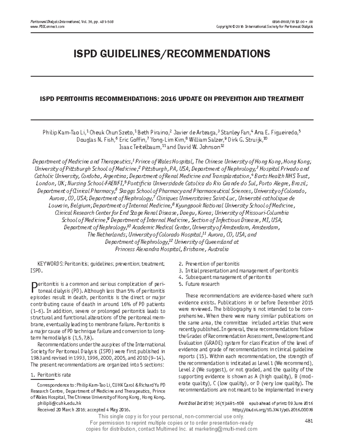 ISPD Guidelines: 2016 Recommendations on Peritonitis Management - Studocu