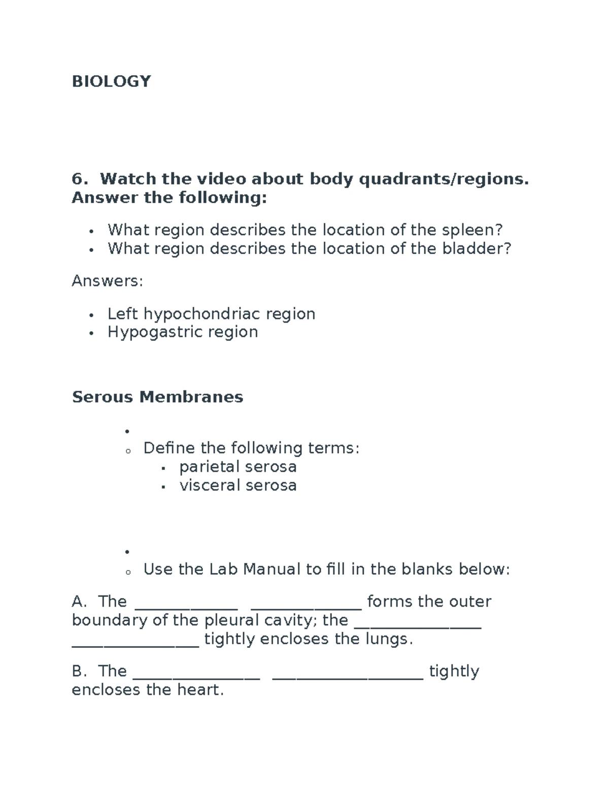 Biology 2401 - Lab Muscle Gross Anatomy Practice Exercise - Studocu