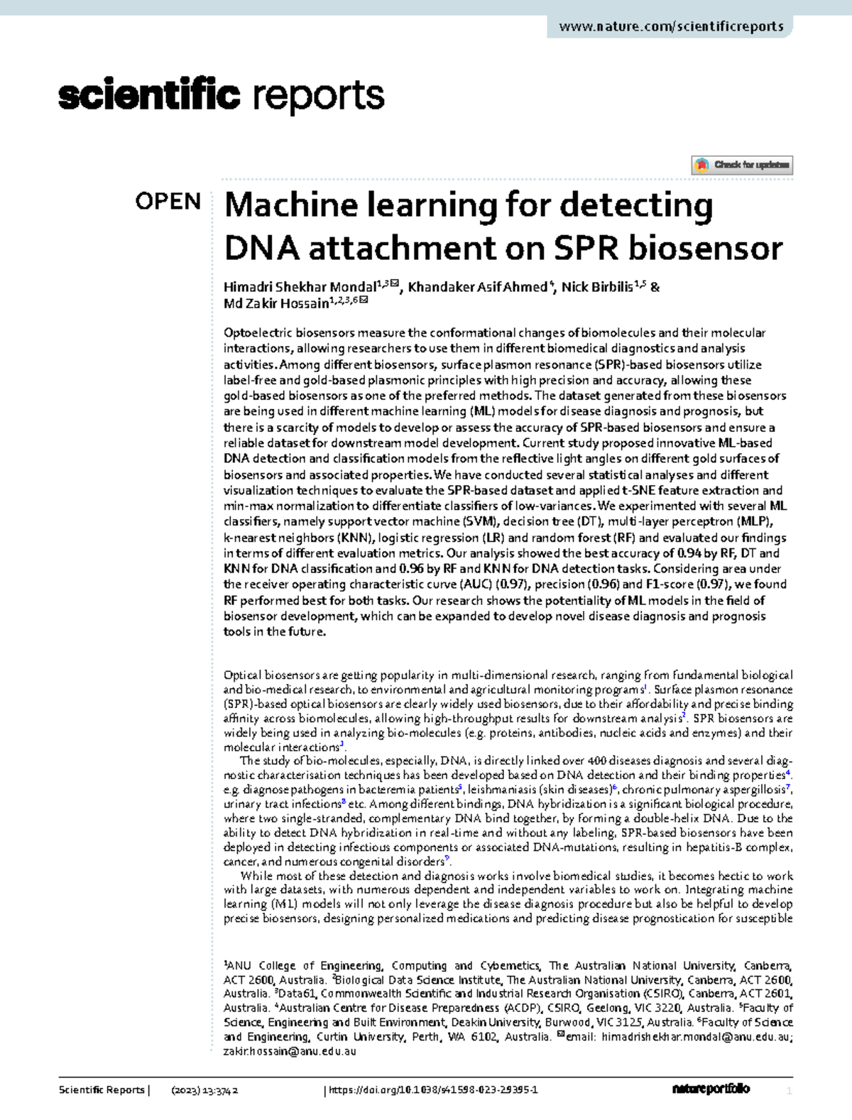Machine Learning Models for DNA Detection on SPR Biosensors (S41598 ...