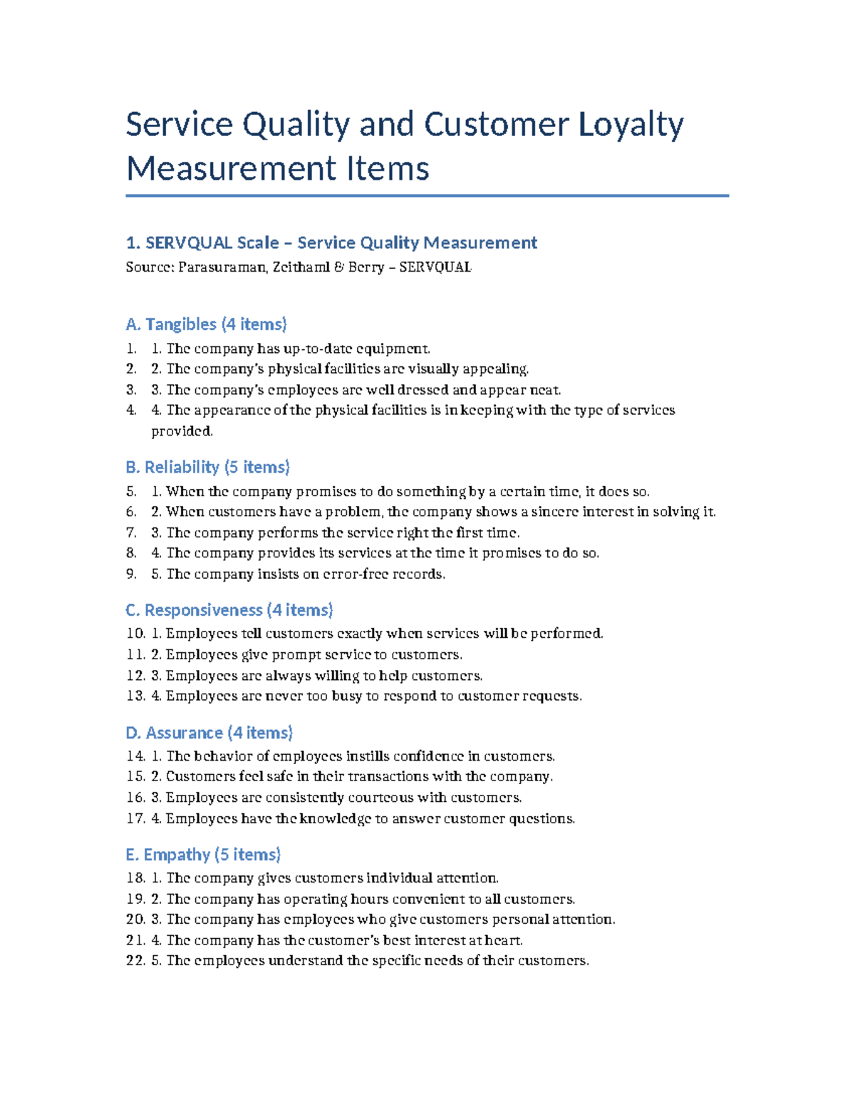 Service Quality & Customer Loyalty Measurement Items (SERVQUAL) - Studocu