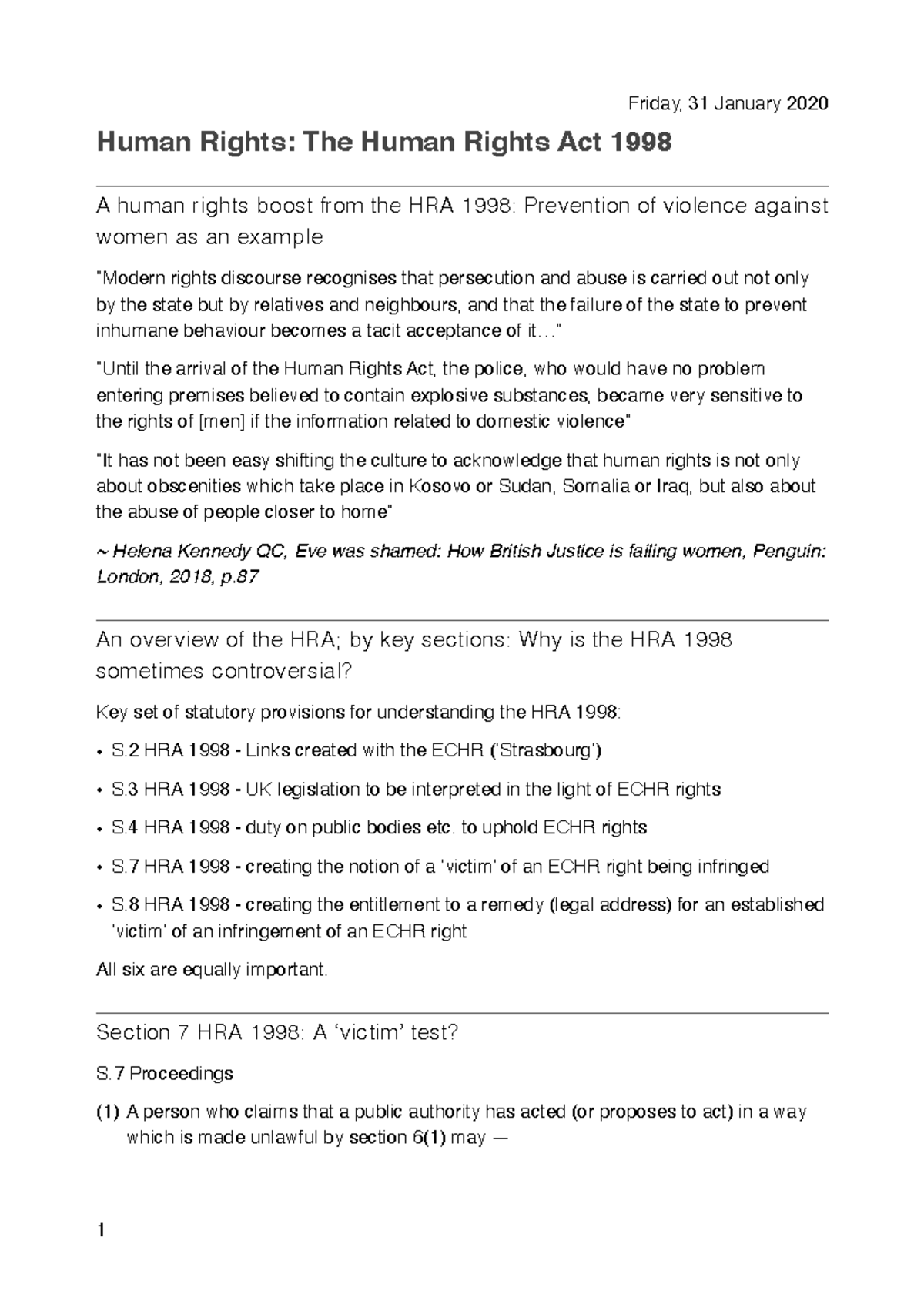 The Human Rights Act 1998 - Friday, 31 January 2020 Human Rights: The ...