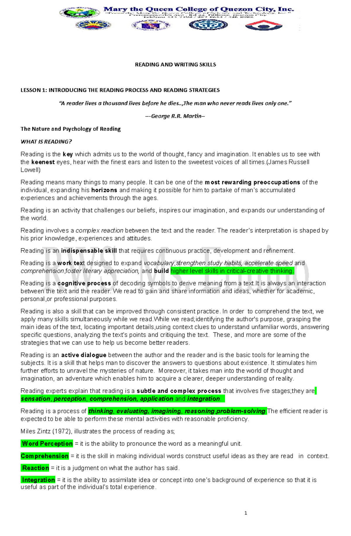 SHS-RWS-Lessons: Understanding the Reading Process and Strategies - Studocu