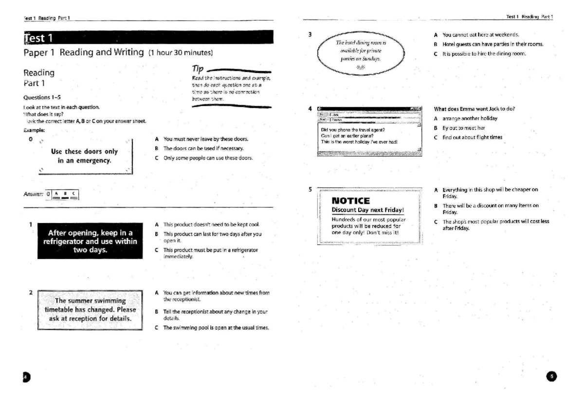 PET Practice Test: Test 1 Reading, Writing, and Listening - Studocu