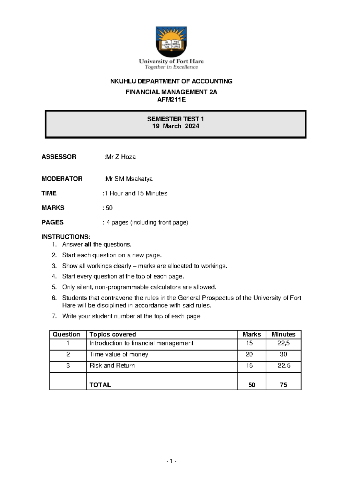 AFM211E Financial Management 2A Semester Test 1 Notes - Studocu