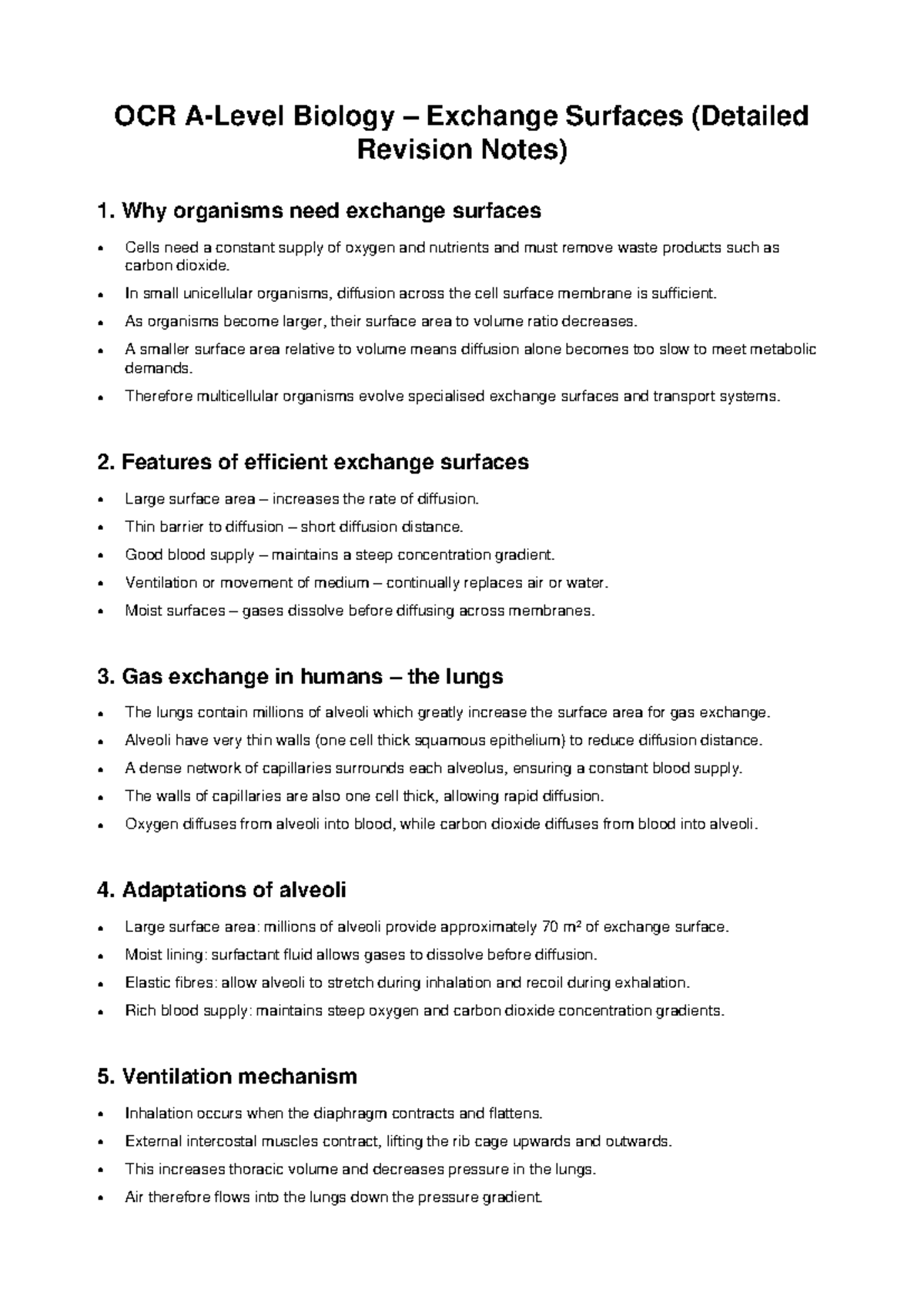 OCR Biology Exchange Surfaces: Detailed Revision Notes - Studocu