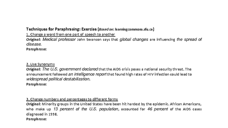 Paraphrasing Techniques Exercise: Strategies for Effective Rewording ...