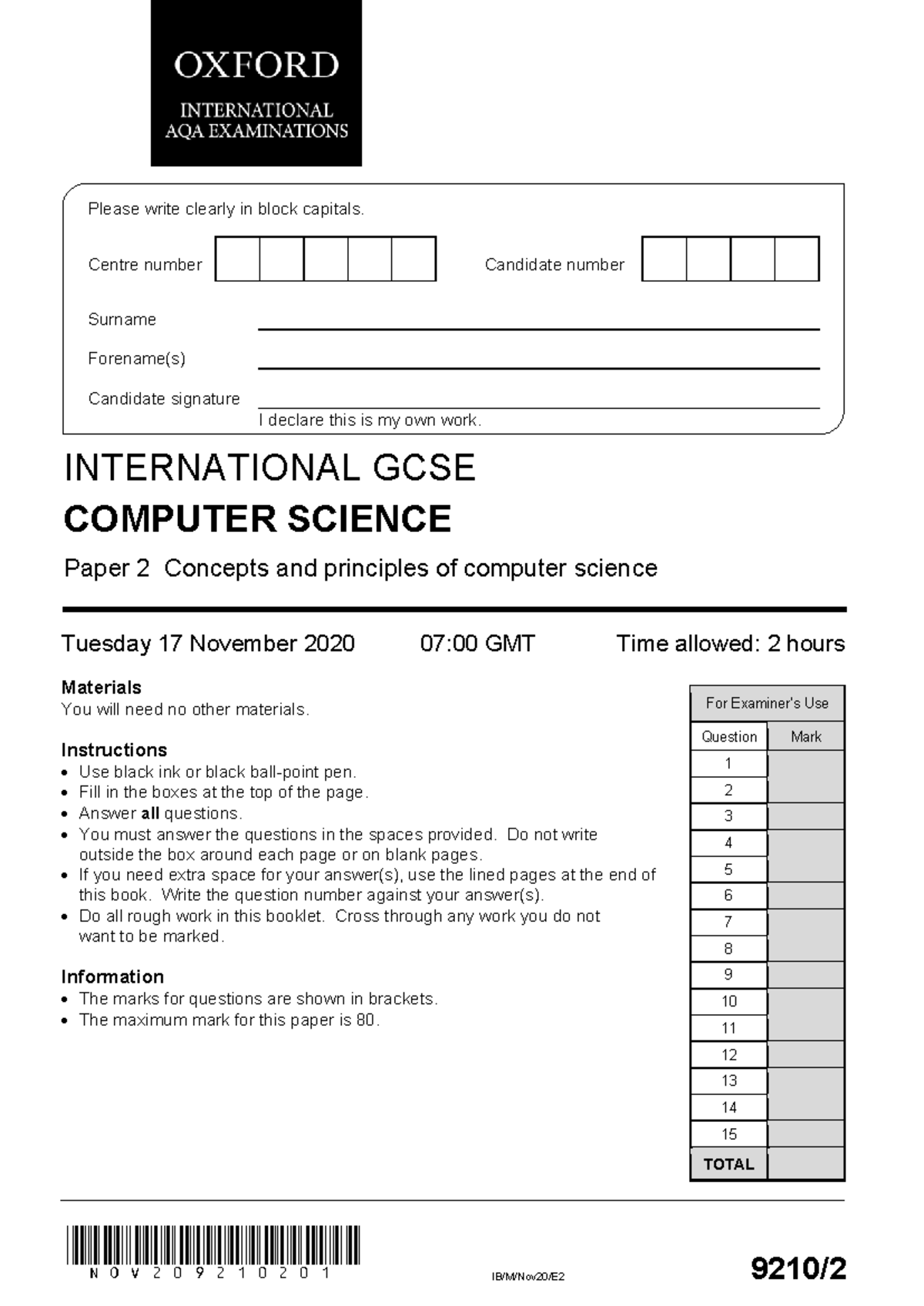 QP 17 Nov - IGCSE Computer Science Paper 2 Exam Questions - Studocu