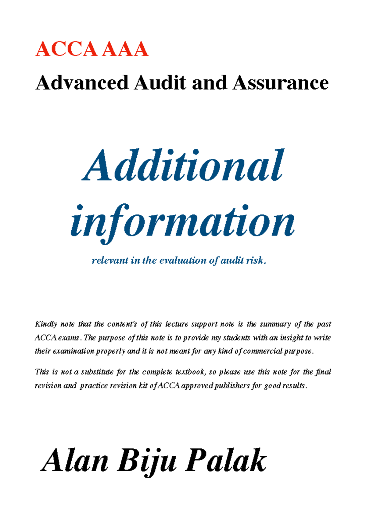 ACCA AAA Lecture Notes: Evaluating Audit Risk & Key Insights - Studocu
