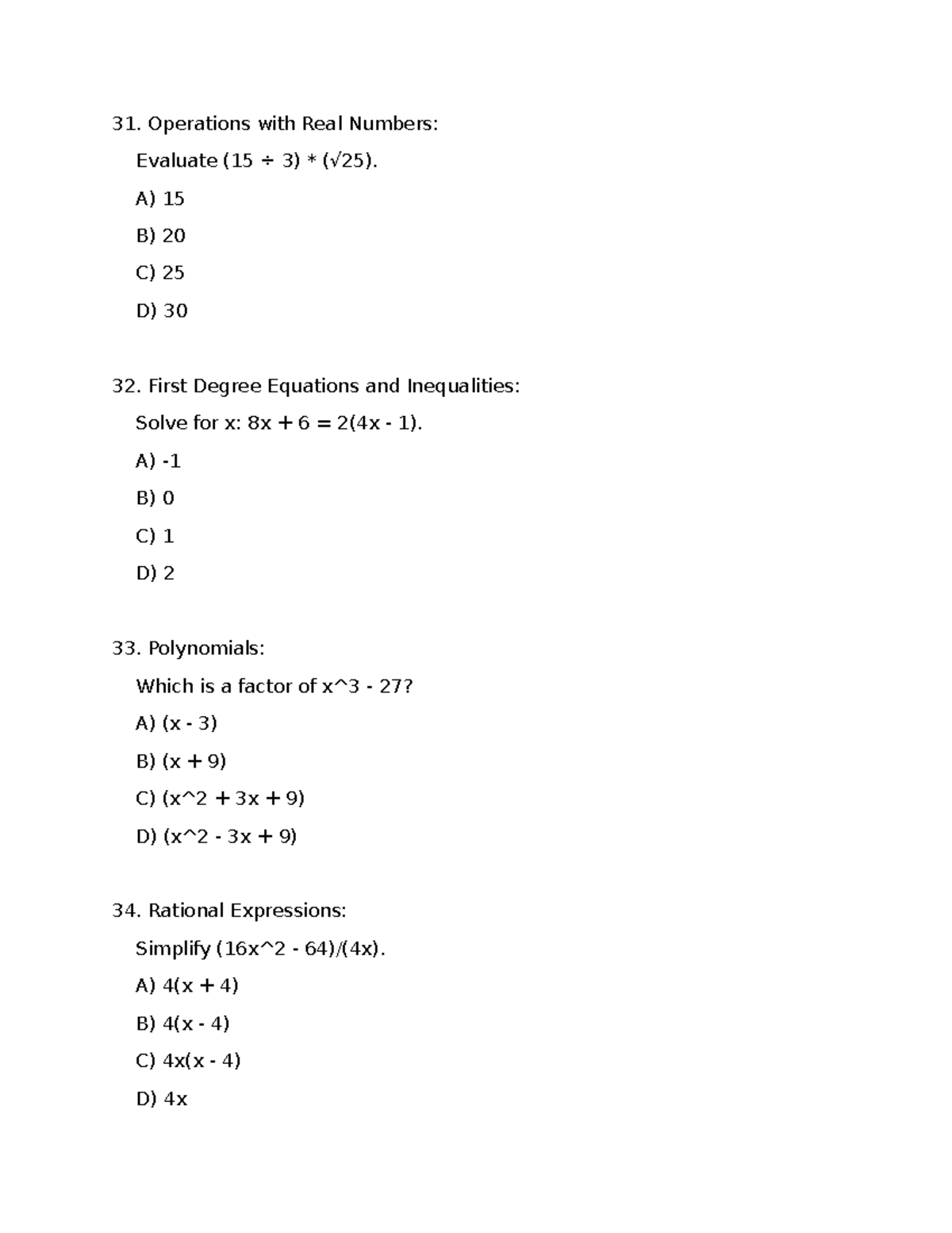 Set 4 - MCQ: Operations, Equations, Polynomials & More - Studocu