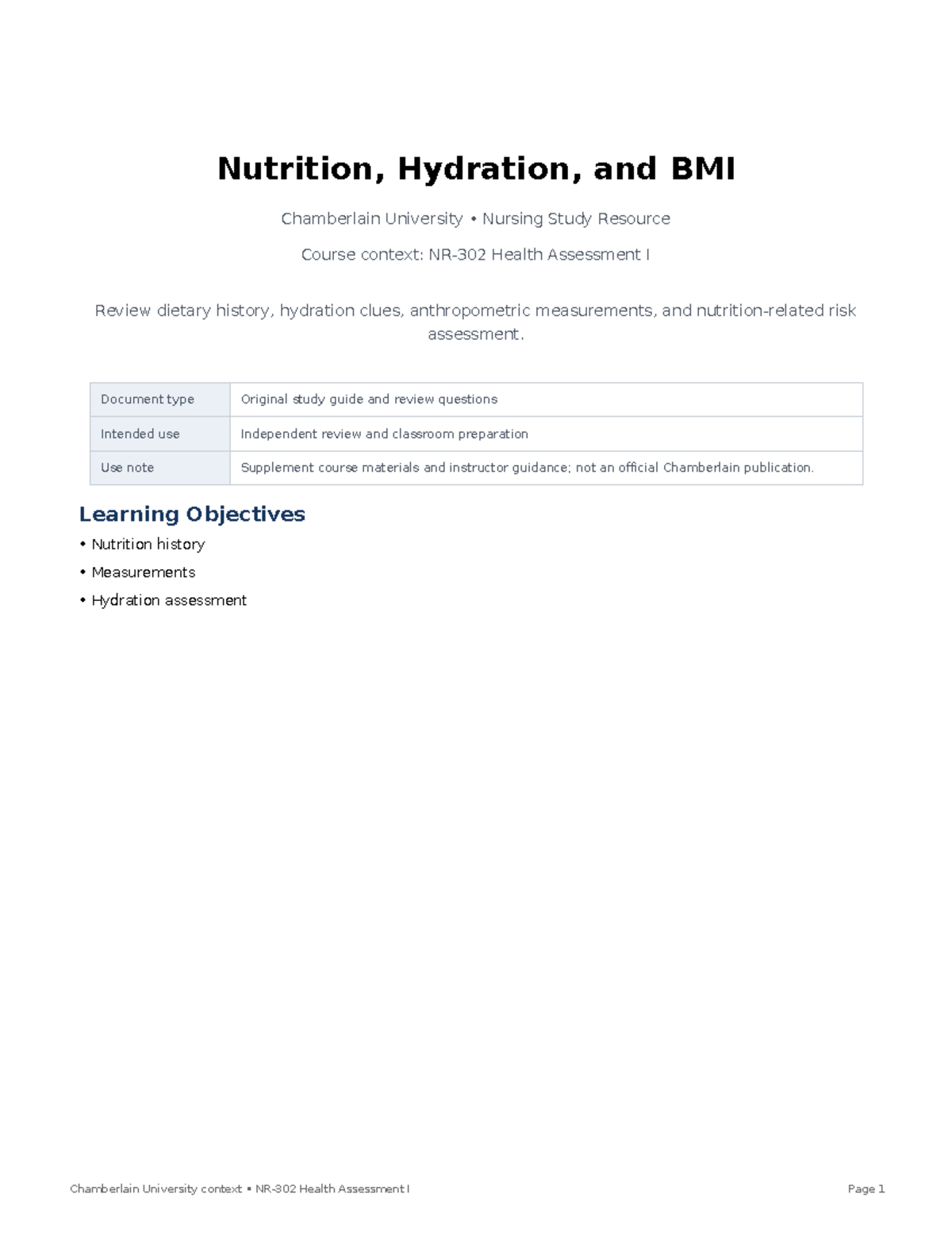 Chamberlain NR302 Health Assessment I Study Guide: Nutrition ...