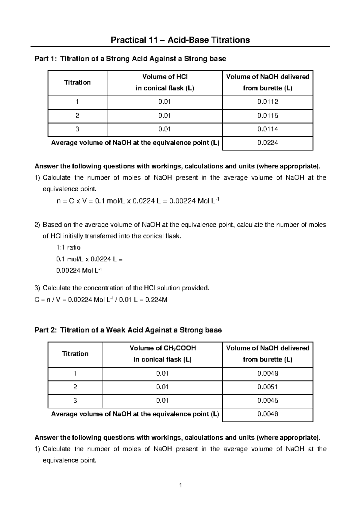 Practical 11 - Acid-Base Titrations Analysis and Calculations - Studocu