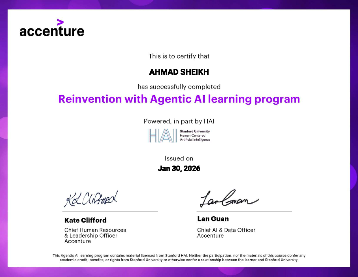 Accenture Certificate: AHMAD SHEIKH - Reinvention with Agentic AI - Studocu