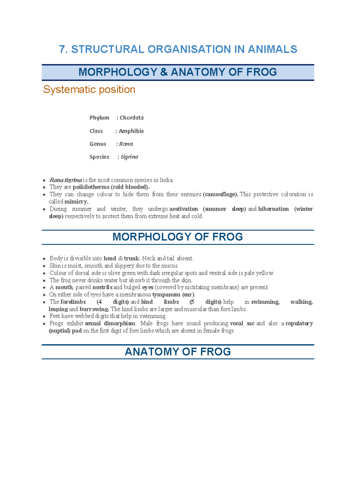 Ch 7: Structural Organisation in Animals - Frog Morphology & Anatomy ...