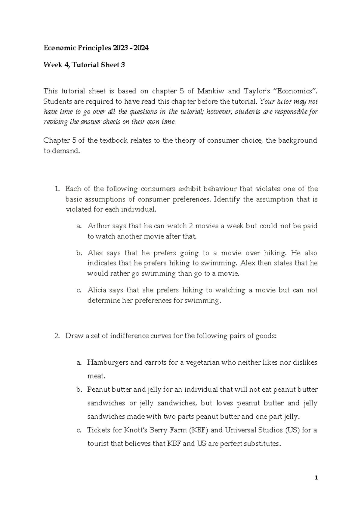 ECO 20 Tutorial Sheet 3: Consumer Choice & Demand Principles Analysis ...