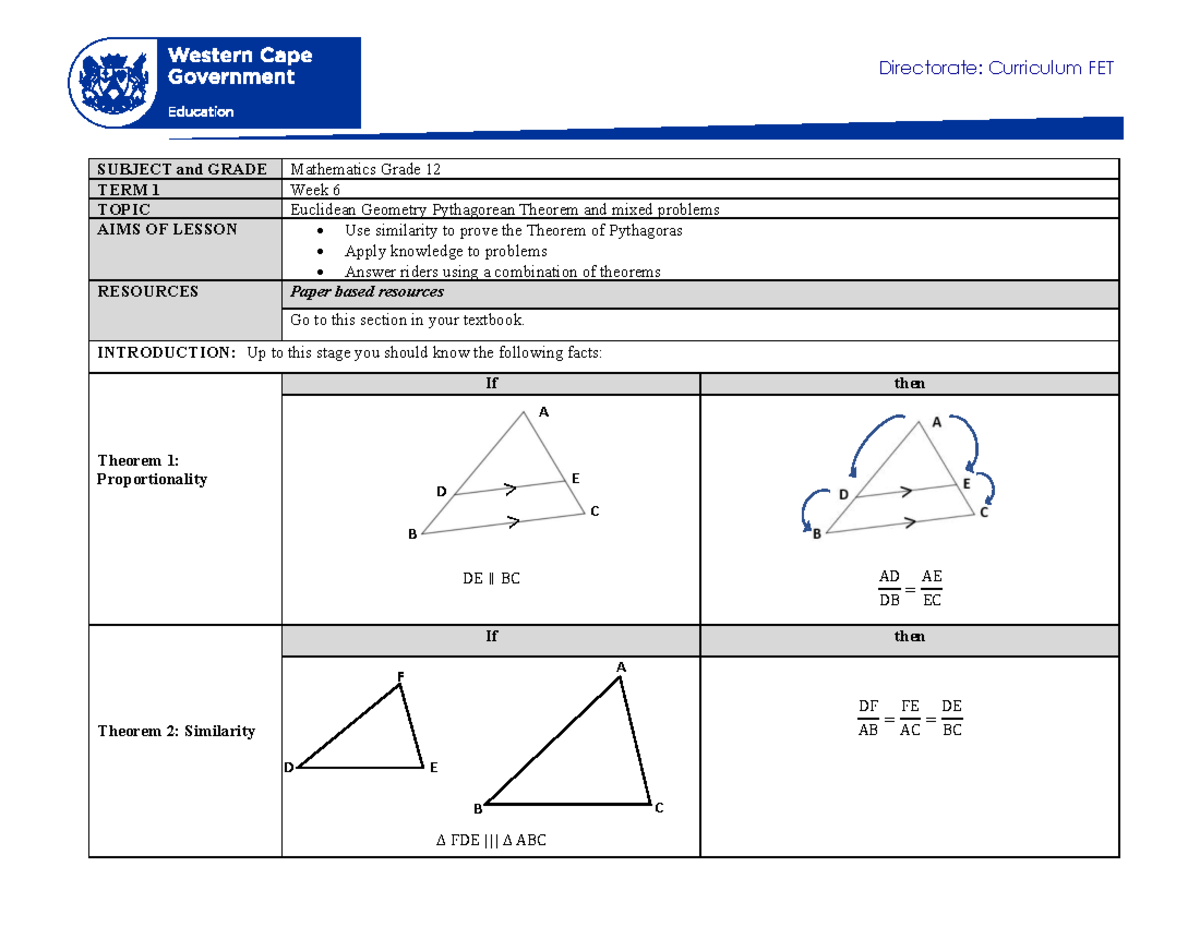 Mathematics Grade 12 Term 1 Lesson: Pythagorean Theorem & Geometry ...
