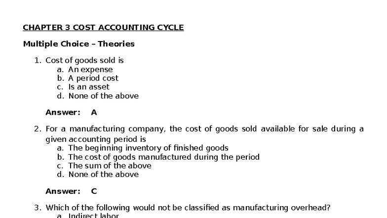 CHAPTER 3 COST ACCOUNTING CYCLE MCQs and Solutions - Studocu